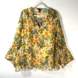 Anne Carson Silk Tunic Blouse 2X Sheer Embroidered Beaded Floral NWT